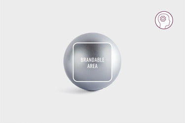 Silver stress ball with brandable area highlighted — a customizable item perfect for employee gifts and corporate branding